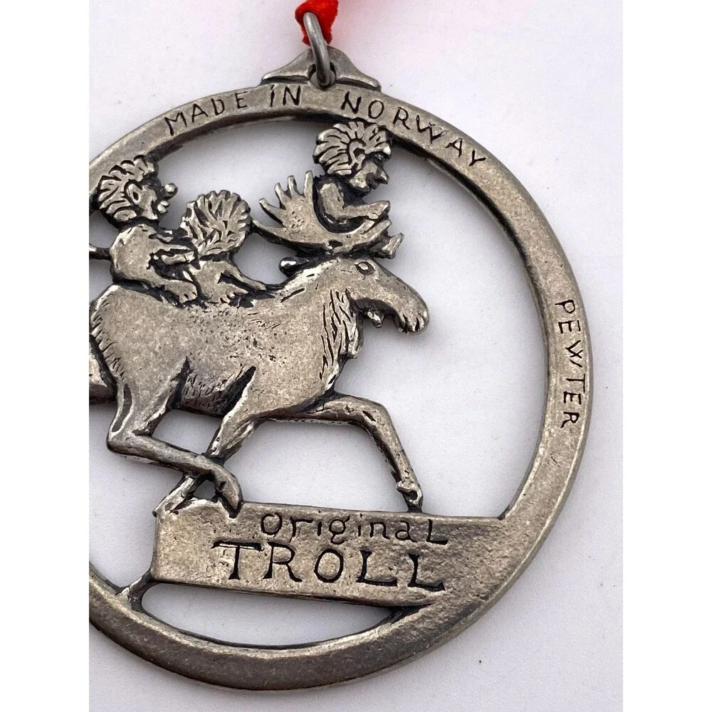 Vtg '97 Norge Havstad Signed Pewter Ornament Norway Moose Troll Christmas Holida